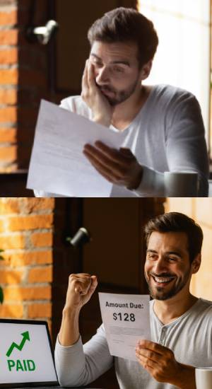 Before-and-after: homeowner frustrated by a high energy bill, then happy with a lower bill after an insulation upgrade.