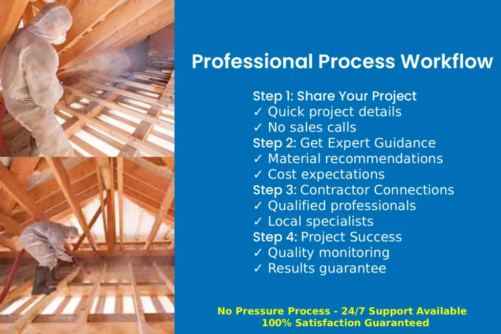 Professional blown-in insulation contractor installation process workflow showing 4-step contractor matching system with quality guarantees