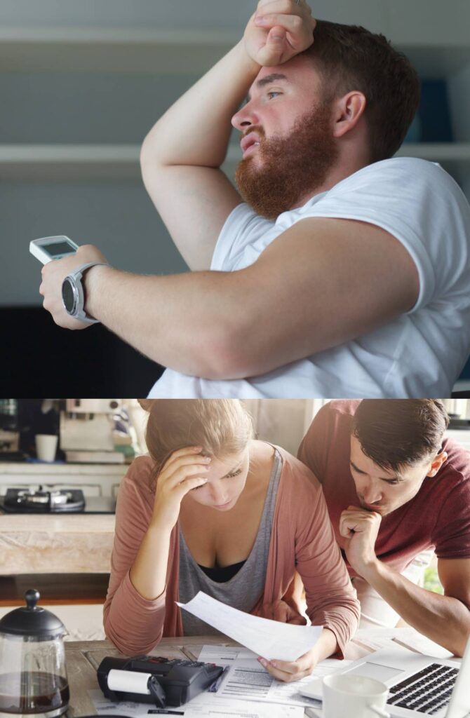 Frustrated homeowner checking thermostat and worried couple reviewing high energy bills before insulation services