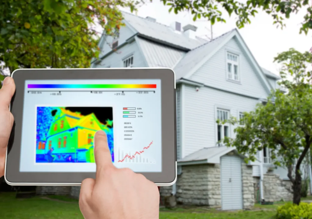 Home energy audit showing thermal imaging on tablet revealing heat loss and insulation problems that waste thousands on energy bills
