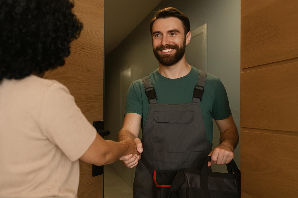 Local technician greeting a homeowner at the door before starting home service