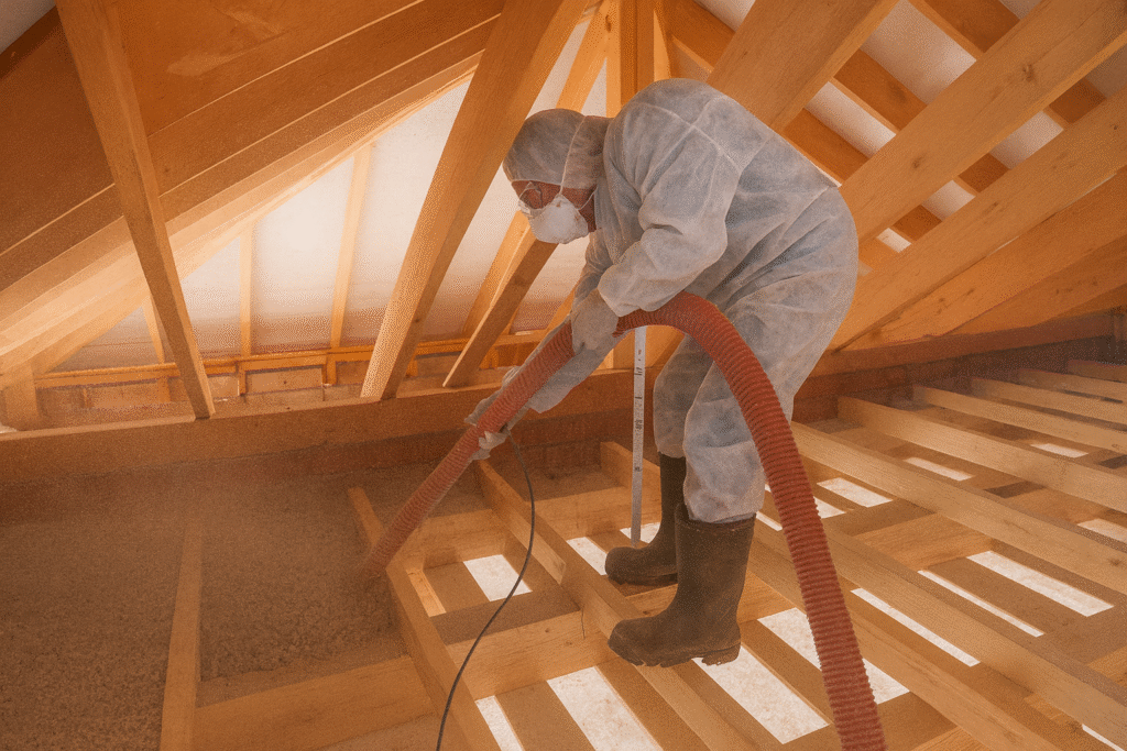 Professional blown-in insulation contractor using vacuum equipment to remove old insulation from residential attic during preparation process