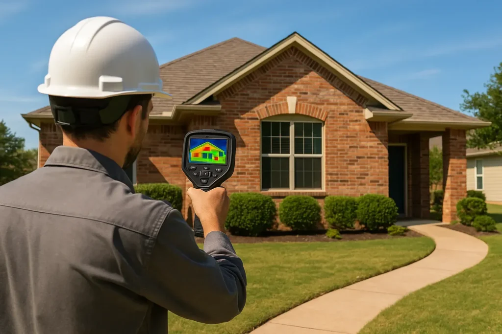 Technician using a thermal camera to inspect a brick home in Rockwall, Texas