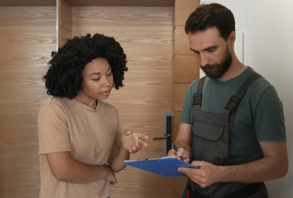 Technician explaining the insulation installation process to a homeowner