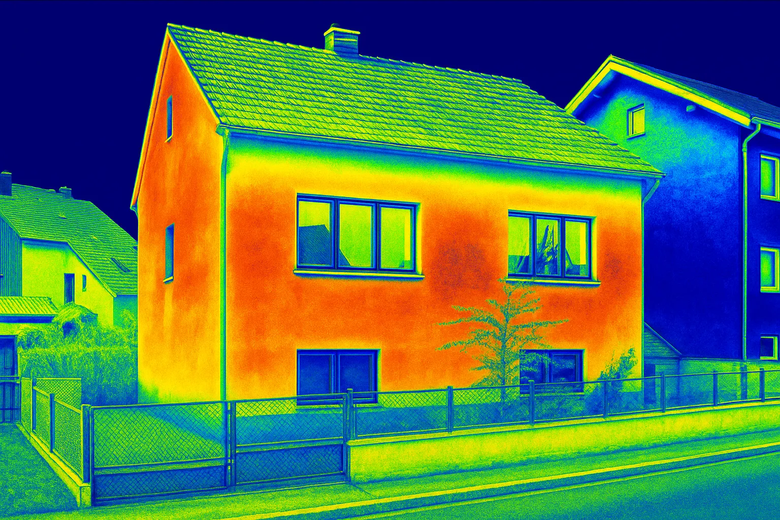 Thermal infrared scan of a house in Texas showing areas of heat loss and insulation performance