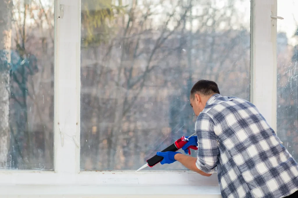 Professional weatherization technician applying caulk to seal air leaks around window frame during Texas home energy efficiency upgrade