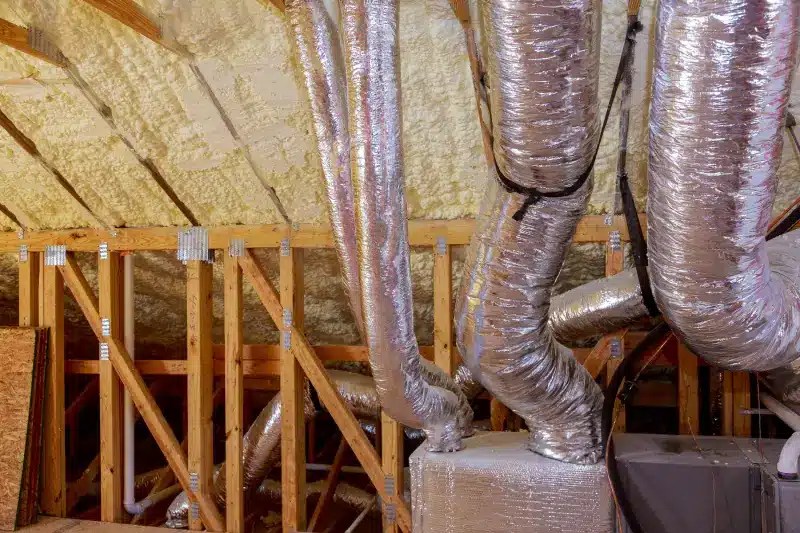 HVAC ductwork in attic with insulation and sealed air ducts