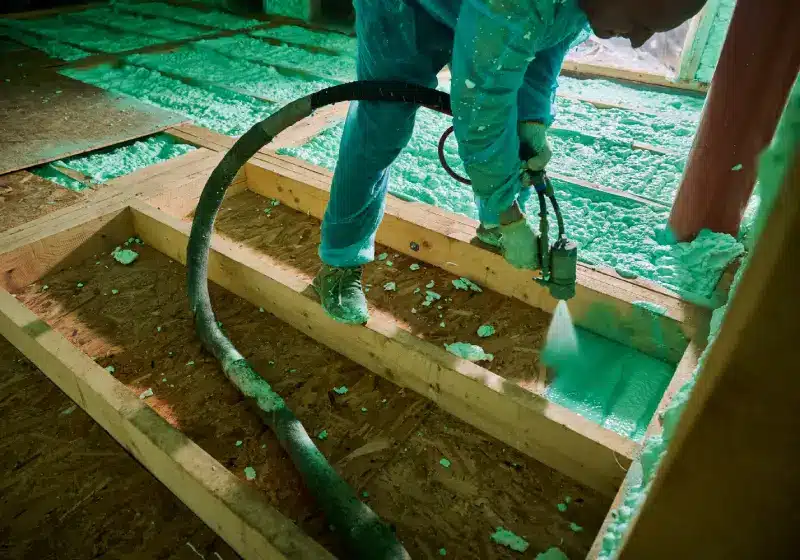 Worker spraying foam insulation between attic floor joists