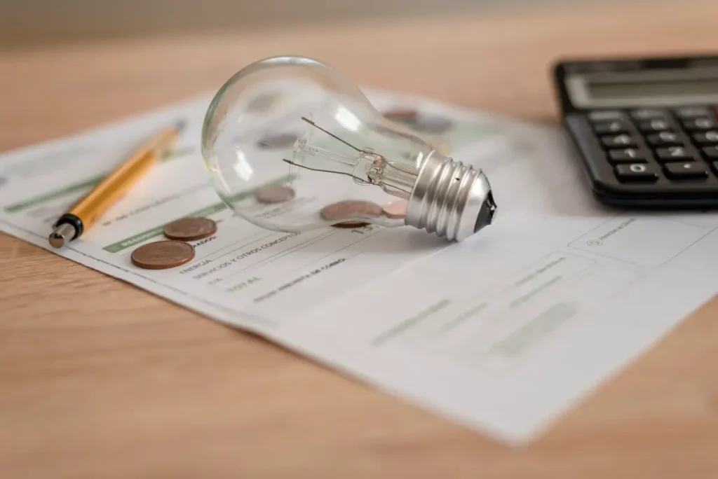 Electricity bill with light bulb, coins, calculator, and pen showing rising home energy costs
