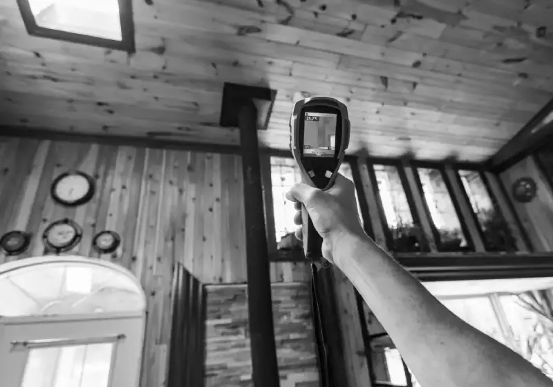 Technician using a thermal camera to detect heat loss inside a home in Dallas, Texas.