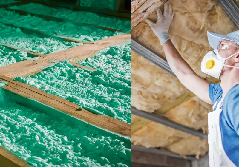 Spray foam insulation in an attic next to a technician installing fiberglass insulation in Dallas, Texas.