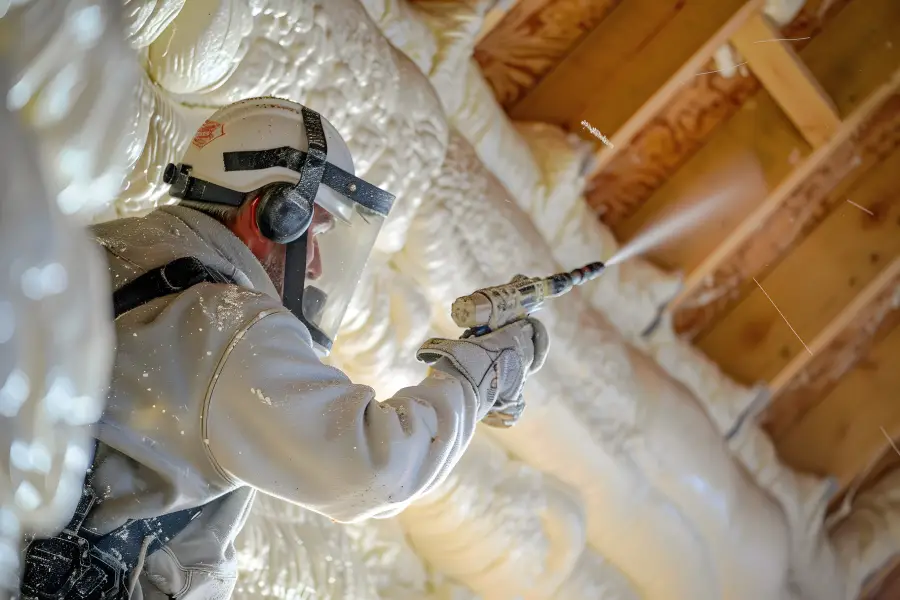 Technician installing spray foam insulation in a residential attic near Rockwall TX to improve energy efficiency in homes across Rockwall County